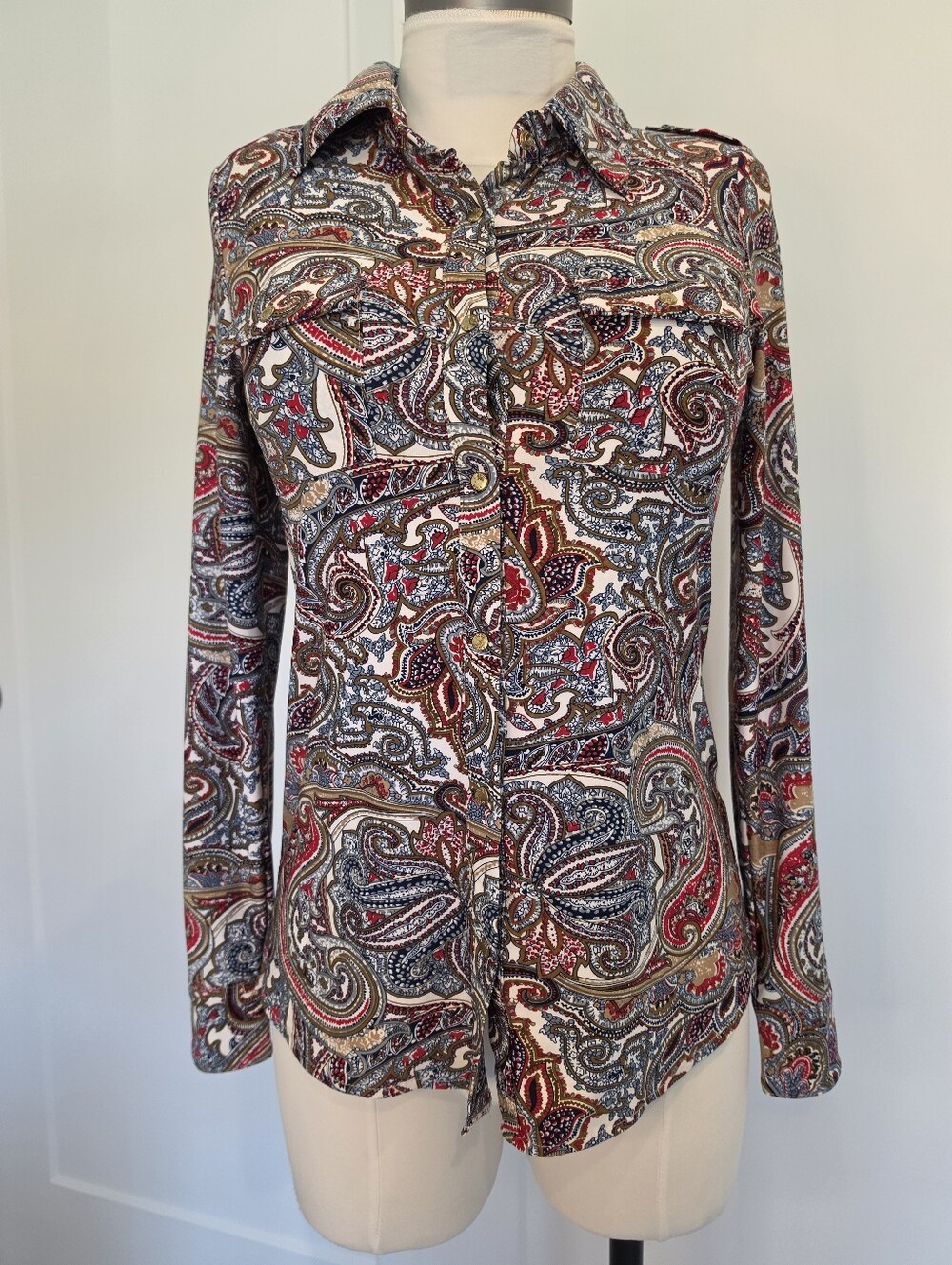 BCBG MaxAzria Paisley Print Long-Sleeve Snap-Up Top - Multicolor